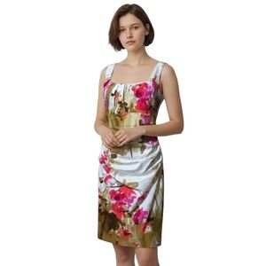 Suzi Chin for Maggy Boutique Empire Waist Fitted Floral Midi Ruched Dress, Sz 6